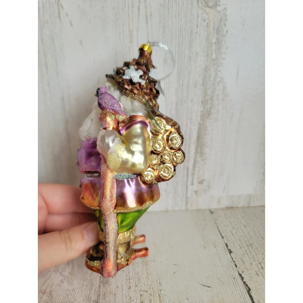 Vintage woodland Santa Claus blown glass glitter bird ornament Xmas unique
